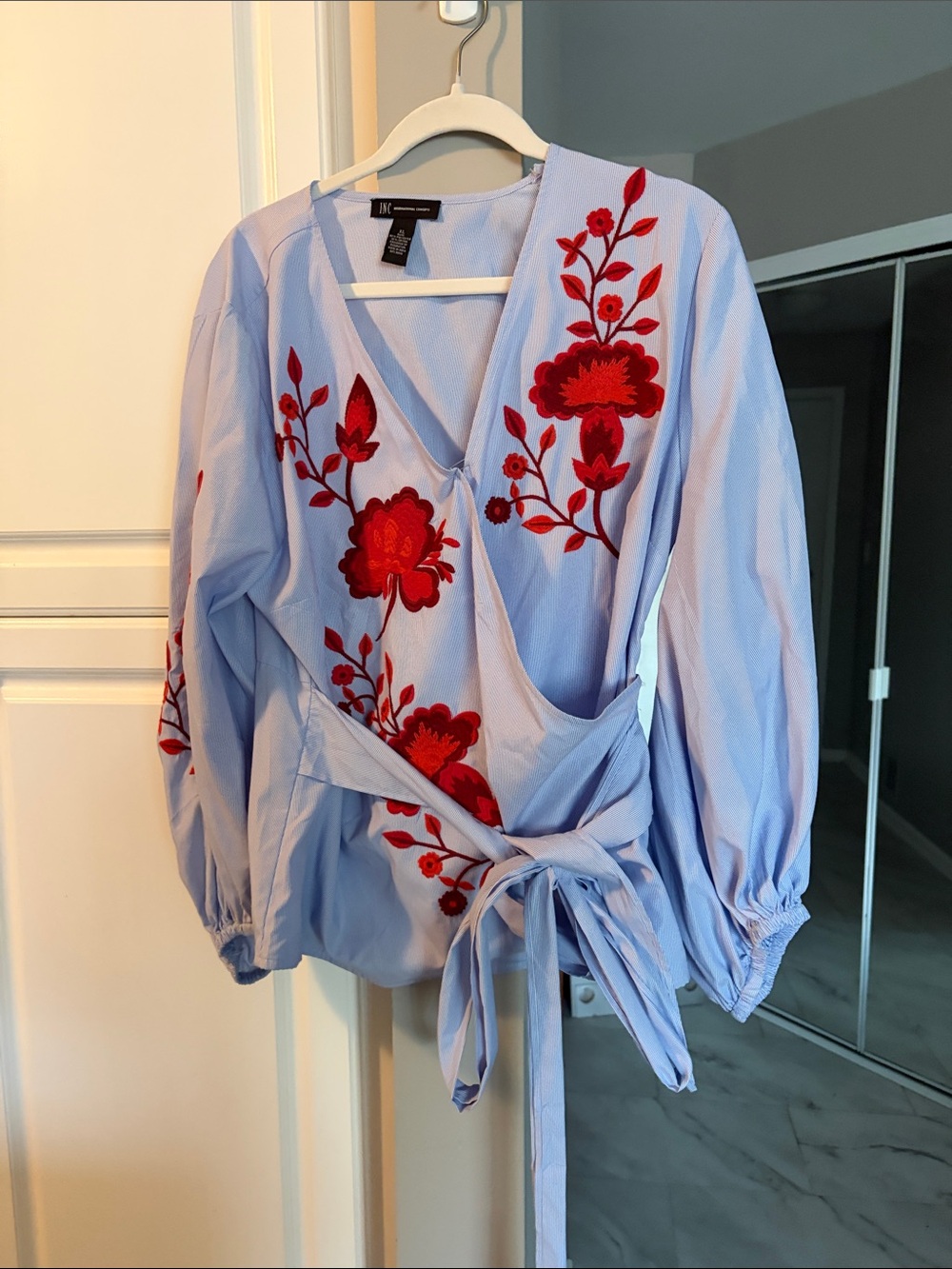 INC International Concepts Light Blue Wrap Blouse with Red Floral Embroidery